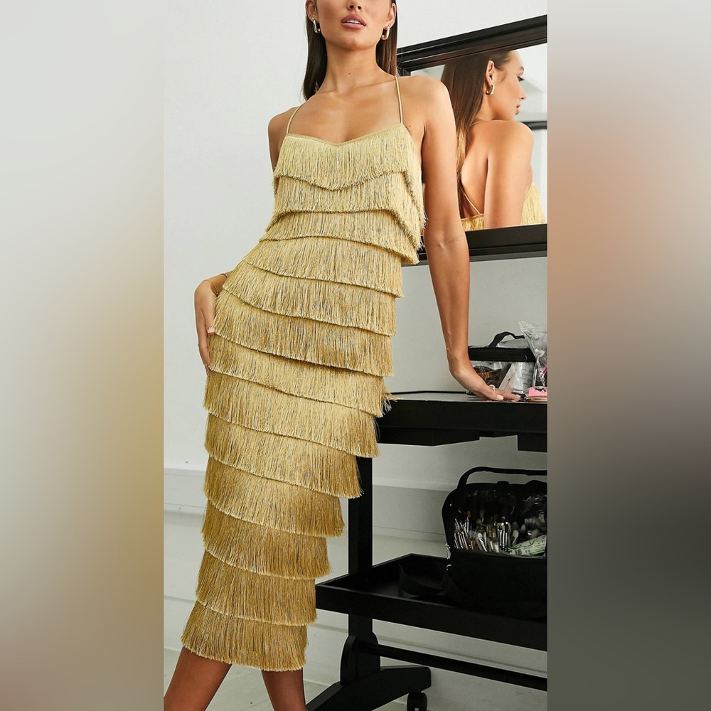 ASOS design tiered midi fringe dress cross back detail in gold.